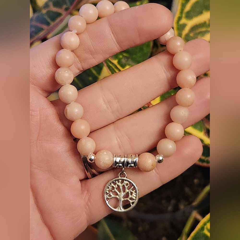 8mm Pink Opal Tree of Life Charm Beaded Crystal Stretch Bracelet - Picture 1 of 3